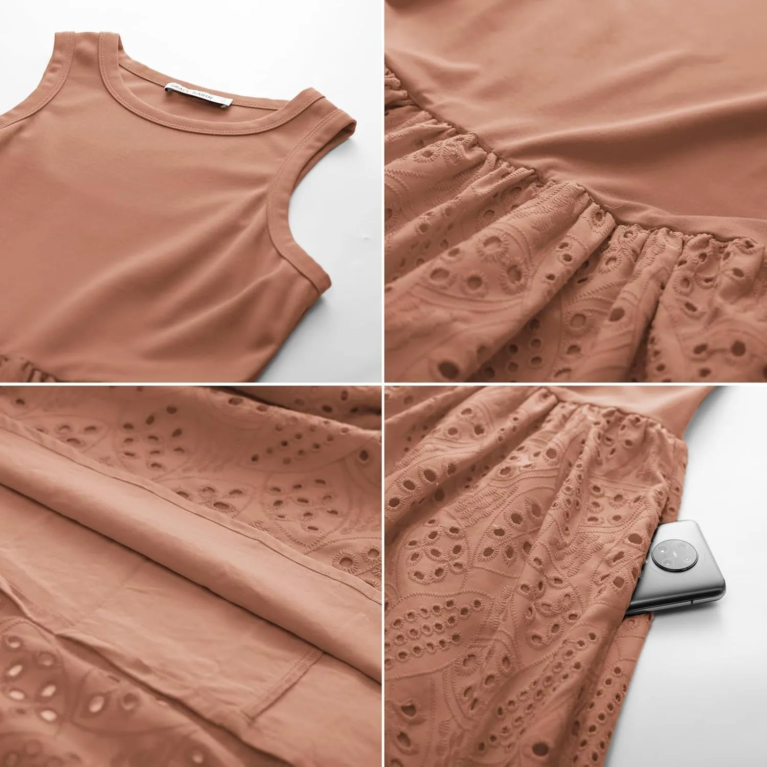 GRACE KARIN Women's Summer Sleeveless Tank Dress A Line Midi Dress Eyelet Crewneck Casual Holiday Dress with Pockets