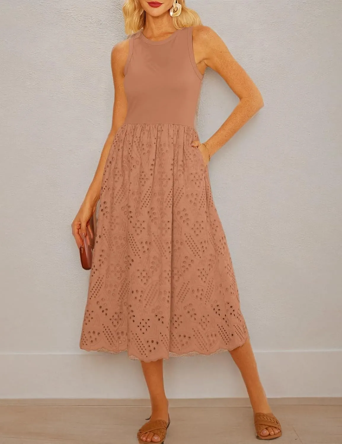GRACE KARIN Women's Summer Sleeveless Tank Dress A Line Midi Dress Eyelet Crewneck Casual Holiday Dress with Pockets