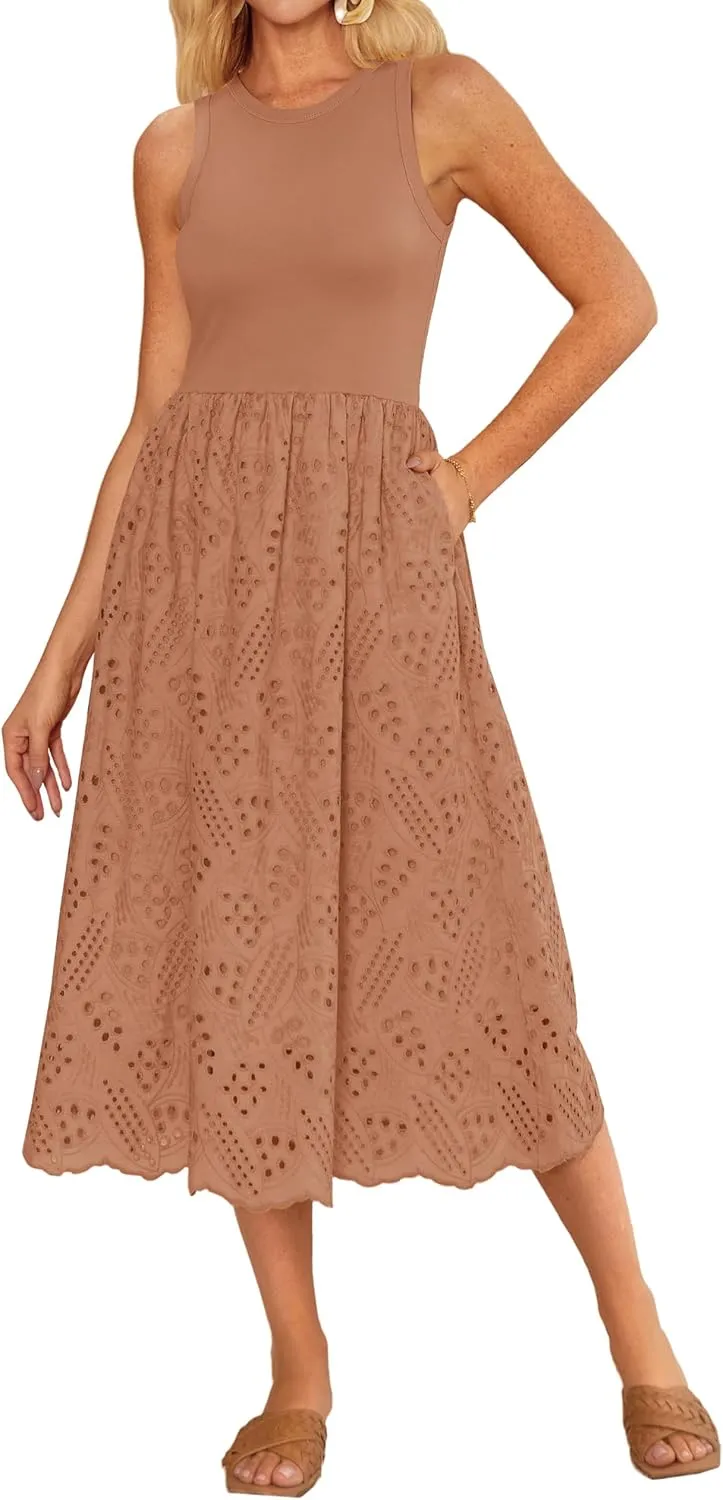 GRACE KARIN Women's Summer Sleeveless Tank Dress A Line Midi Dress Eyelet Crewneck Casual Holiday Dress with Pockets