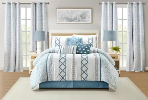 Grand Avenue Blue Comforter Set Queen Size, 15 Piece Terry Embroidery All Season Room-in-A-Bag, Matching Curtains, Sheet Set, Pillows & Shams