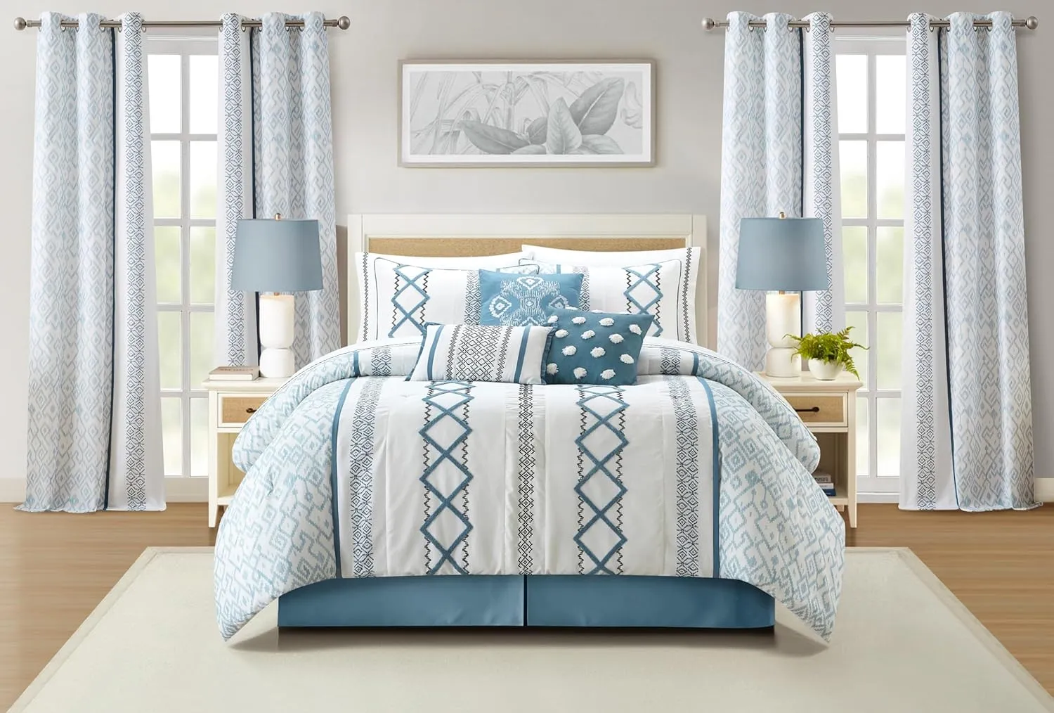 Grand Avenue Blue Comforter Set Queen Size, 15 Piece Terry Embroidery All Season Room-in-A-Bag, Matching Curtains, Sheet Set, Pillows & Shams
