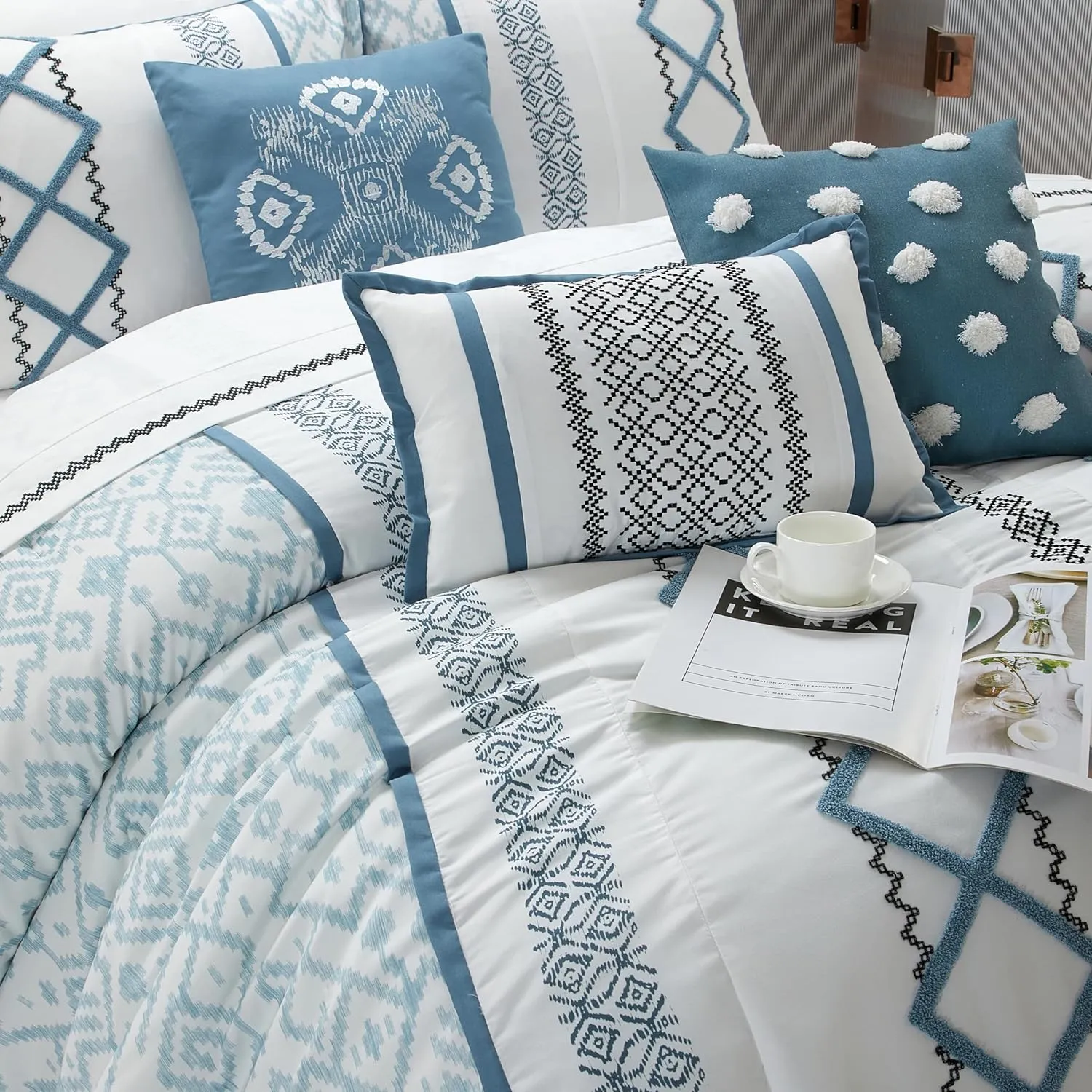 Grand Avenue Blue Comforter Set Queen Size, 15 Piece Terry Embroidery All Season Room-in-A-Bag, Matching Curtains, Sheet Set, Pillows & Shams