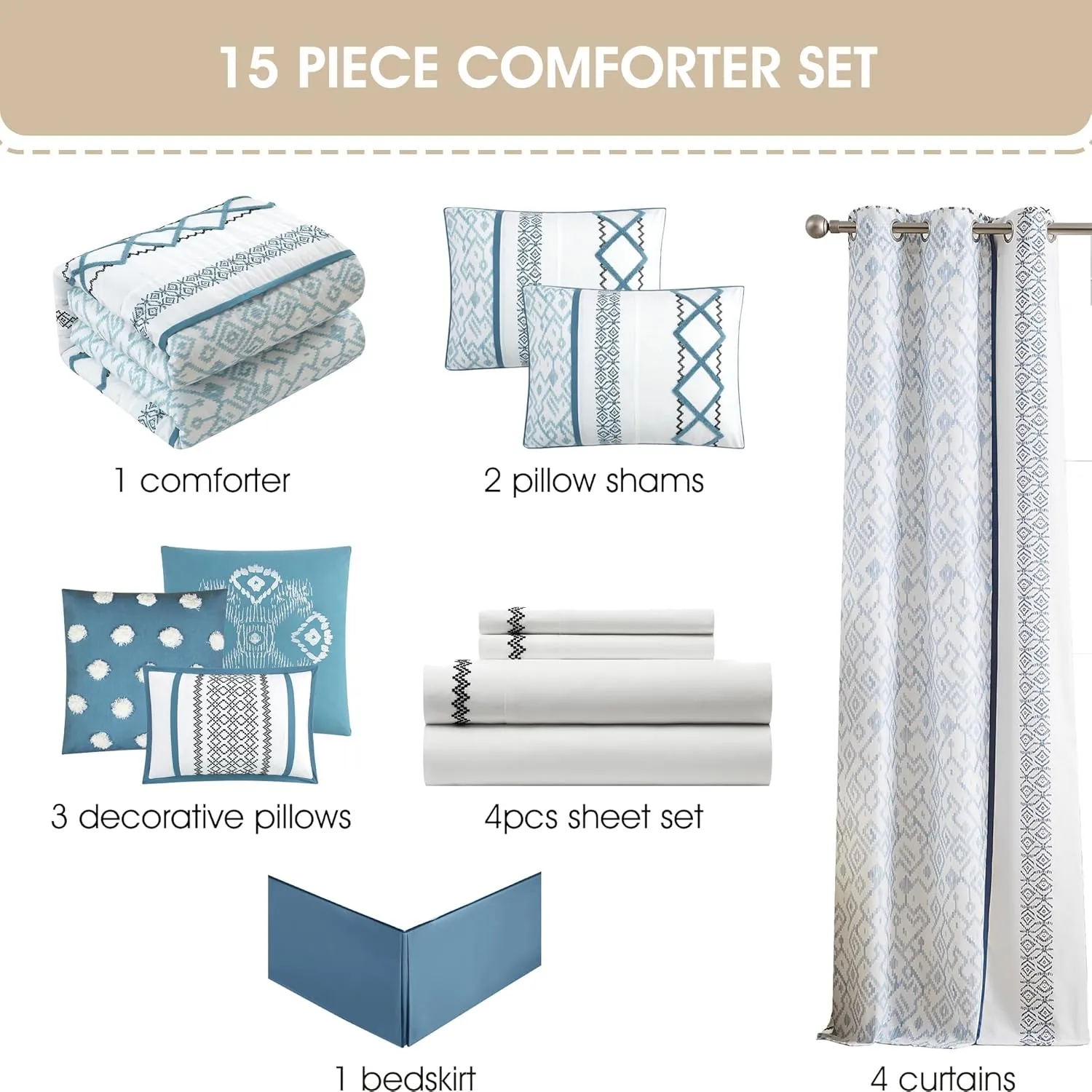 Grand Avenue Blue Comforter Set Queen Size, 15 Piece Terry Embroidery All Season Room-in-A-Bag, Matching Curtains, Sheet Set, Pillows & Shams