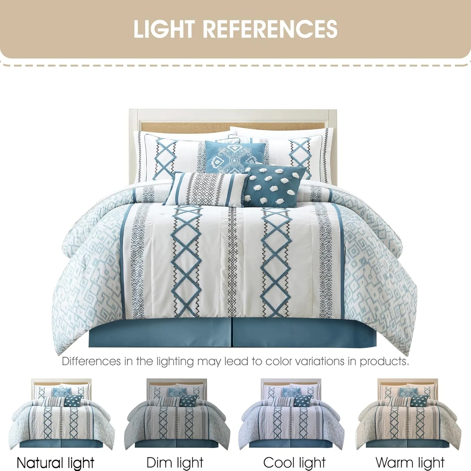 Grand Avenue Blue Comforter Set Queen Size, 15 Piece Terry Embroidery All Season Room-in-A-Bag, Matching Curtains, Sheet Set, Pillows & Shams