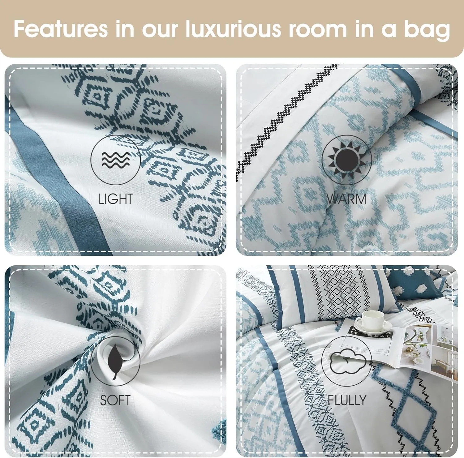 Grand Avenue Blue Comforter Set Queen Size, 15 Piece Terry Embroidery All Season Room-in-A-Bag, Matching Curtains, Sheet Set, Pillows & Shams