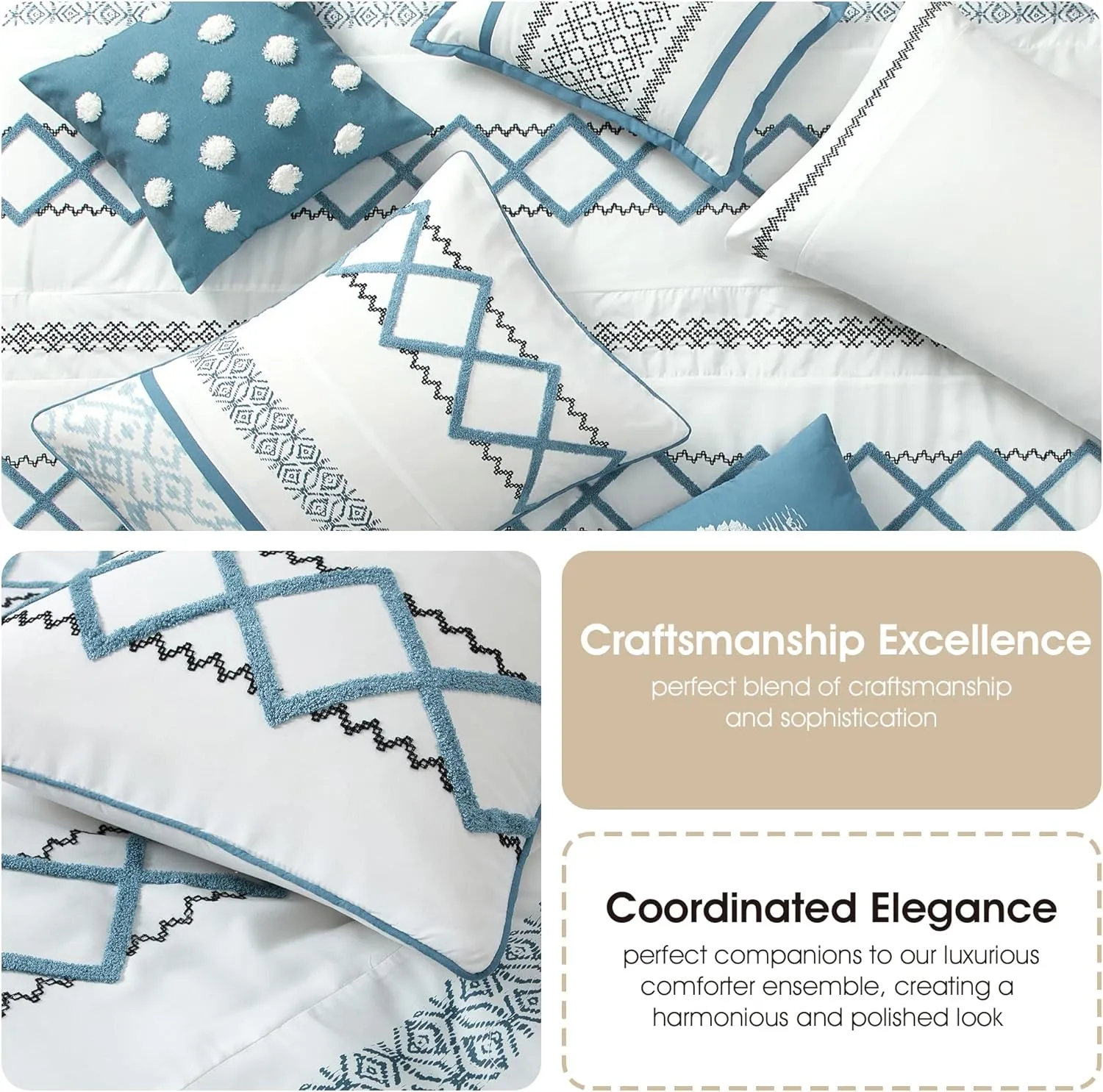 Grand Avenue Blue Comforter Set Queen Size, 15 Piece Terry Embroidery All Season Room-in-A-Bag, Matching Curtains, Sheet Set, Pillows & Shams