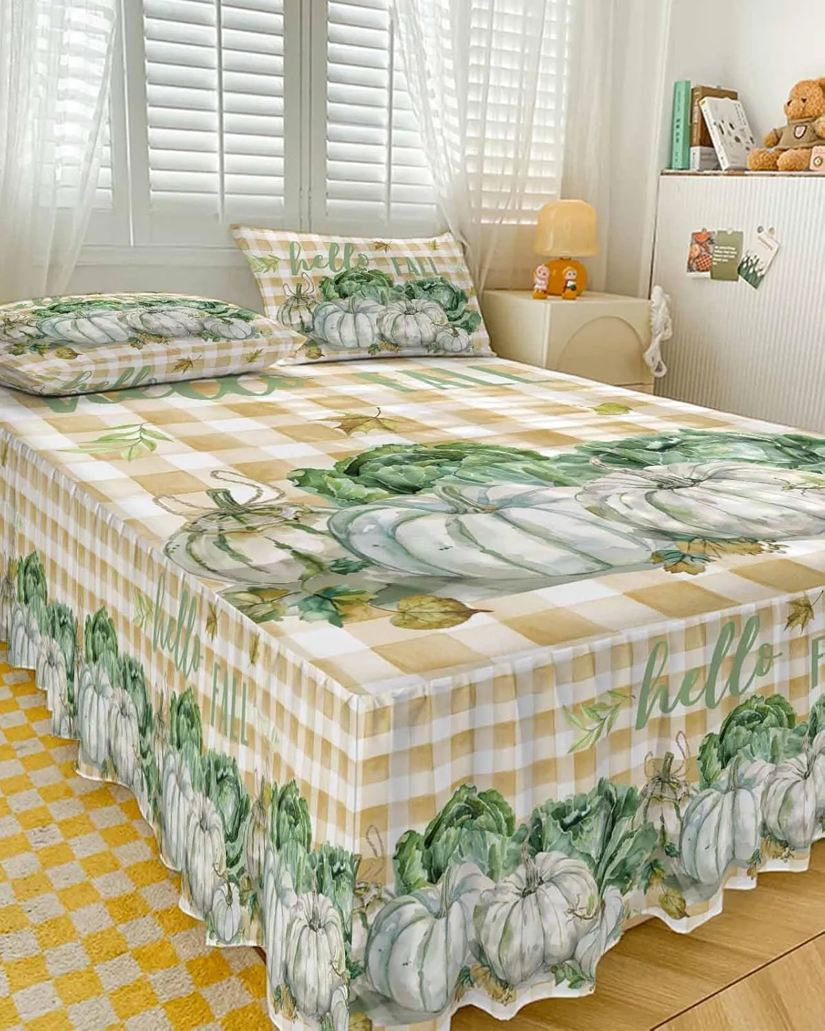 Green Pumpkin Cabbage Bed Skirts for Queen Bed 18 Inches Drop, Wrap Around Bedskirt Dust Ruffle Pleated Bedspread Thanksgiving Leaves Buffalo Plaid Fitted Sheet with 2 Decorative Pillowcase 30"x20"