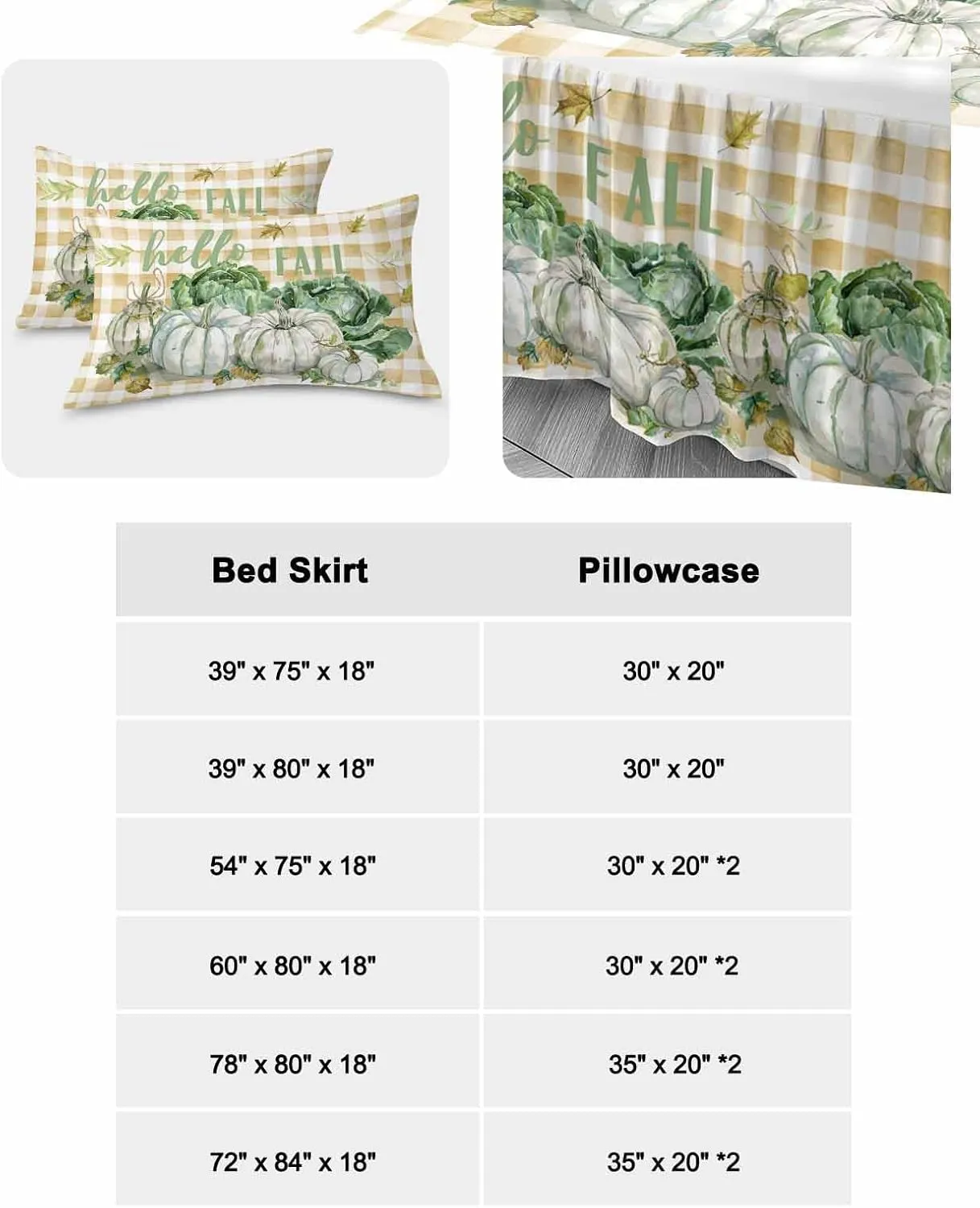 Green Pumpkin Cabbage Bed Skirts for Queen Bed 18 Inches Drop, Wrap Around Bedskirt Dust Ruffle Pleated Bedspread Thanksgiving Leaves Buffalo Plaid Fitted Sheet with 2 Decorative Pillowcase 30"x20"