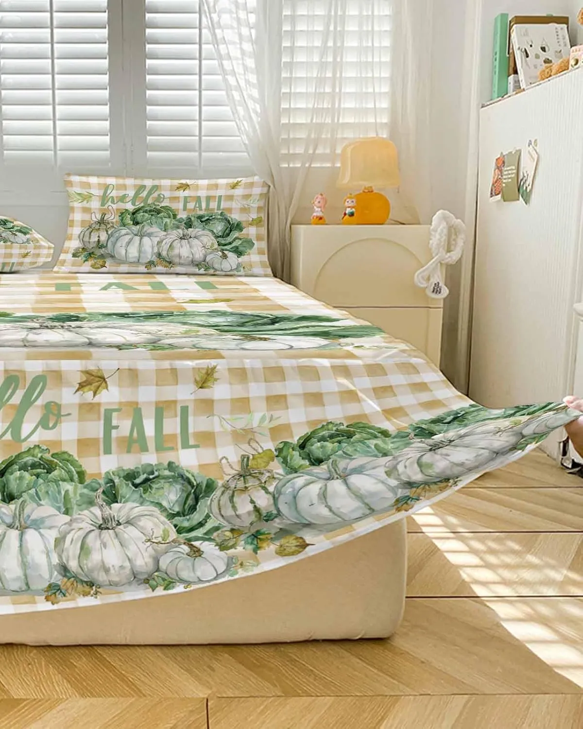 Green Pumpkin Cabbage Bed Skirts for Queen Bed 18 Inches Drop, Wrap Around Bedskirt Dust Ruffle Pleated Bedspread Thanksgiving Leaves Buffalo Plaid Fitted Sheet with 2 Decorative Pillowcase 30"x20"