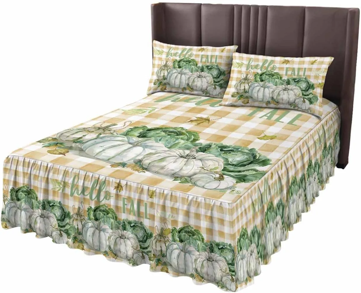 Green Pumpkin Cabbage Bed Skirts for Queen Bed 18 Inches Drop, Wrap Around Bedskirt Dust Ruffle Pleated Bedspread Thanksgiving Leaves Buffalo Plaid Fitted Sheet with 2 Decorative Pillowcase 30"x20"