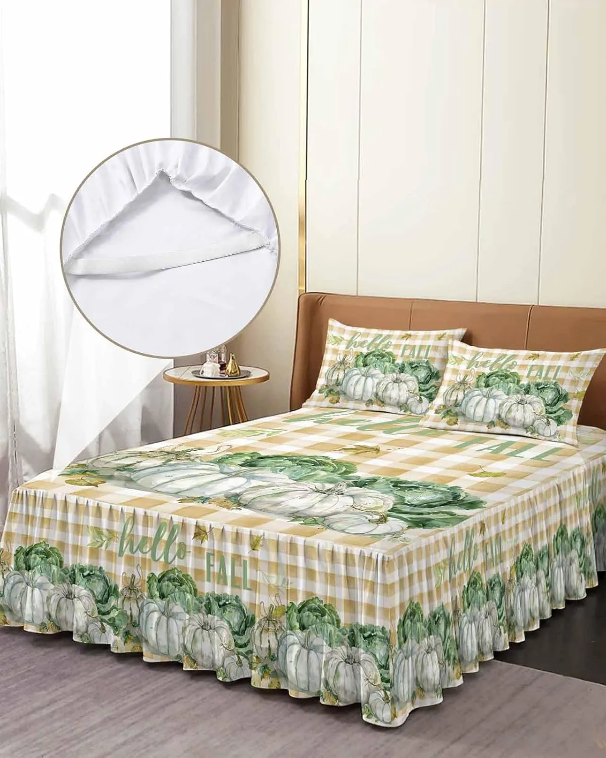 Green Pumpkin Cabbage Bed Skirts for Queen Bed 18 Inches Drop, Wrap Around Bedskirt Dust Ruffle Pleated Bedspread Thanksgiving Leaves Buffalo Plaid Fitted Sheet with 2 Decorative Pillowcase 30"x20"