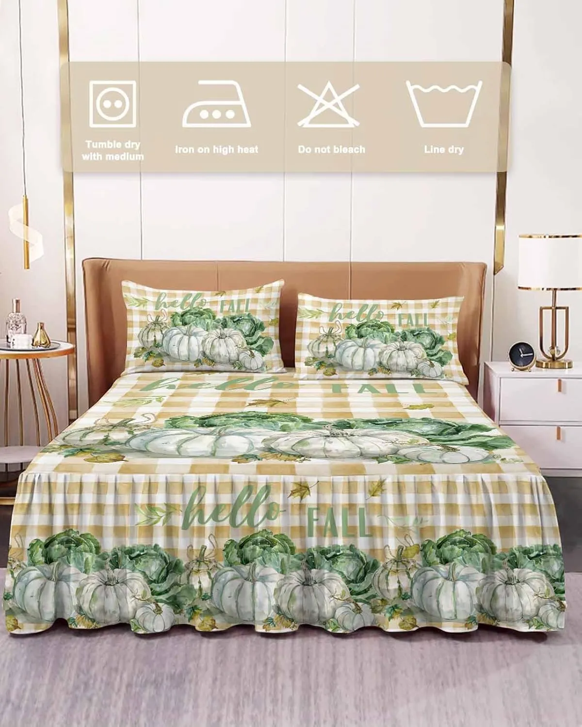Green Pumpkin Cabbage Bed Skirts for Queen Bed 18 Inches Drop, Wrap Around Bedskirt Dust Ruffle Pleated Bedspread Thanksgiving Leaves Buffalo Plaid Fitted Sheet with 2 Decorative Pillowcase 30"x20"