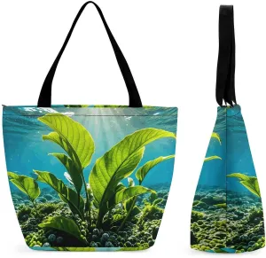 Green Sea Blue Seaweed Tote Bag Shoulder Shopping Bag Reusable Grocery Bag for Travel Work Friendship Gift
