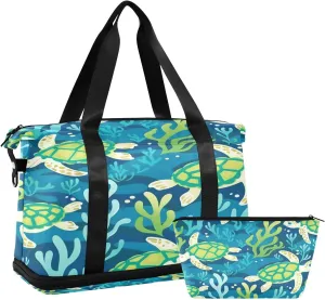 Green Turtles Seaweed Travel Duffel Bag Waterproof Gym Sport Tote Bag Carry On Weekender Bag with Compartment