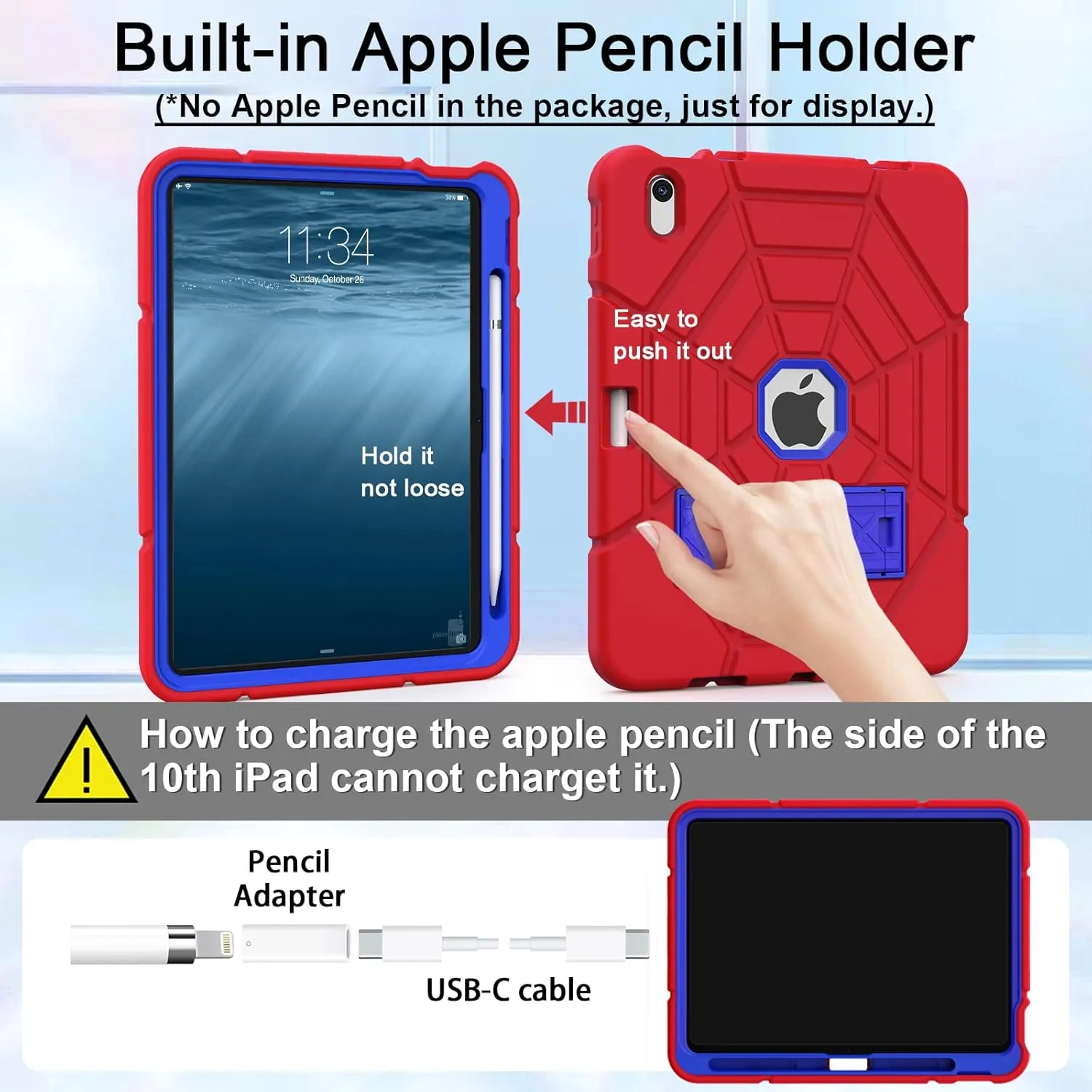 Grifobes Kids Case for iPad A16 11th Generation 2025 11-inch/iPad 10th Generation 2022 10.9 inch, Heavy Duty Shockproof Rugged 11/10 Gen Cover with Pencil Holder/Stand Boy Children (Red Blue)