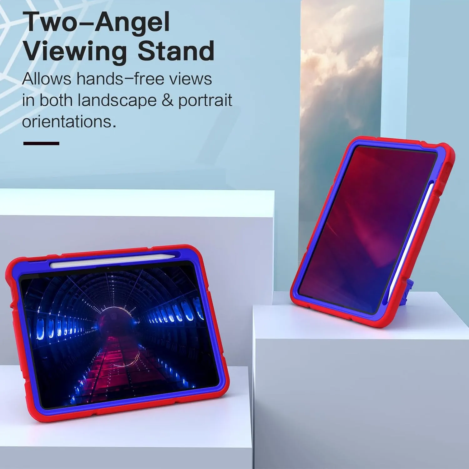 Grifobes Kids Case for iPad A16 11th Generation 2025 11-inch/iPad 10th Generation 2022 10.9 inch, Heavy Duty Shockproof Rugged 11/10 Gen Cover with Pencil Holder/Stand Boy Children (Red Blue)