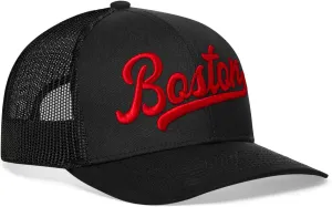 HAKA Boston Hat – Boston Script Trucker Hat for Men & Women, Adjustable Baseball Cap, Mesh Snapback, Outdoor Golf Hat - Black