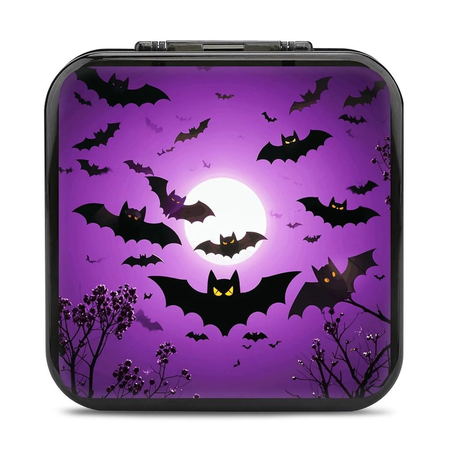 Halloween Flying Purple Bats Switch Game Case Switch Game Holder Cartridge Case Storage 24 Games & 2 Micro Sd Card Slots, Travel Carry Cases, Portable Games Card Storage, Hard Shell, Buckle Closure