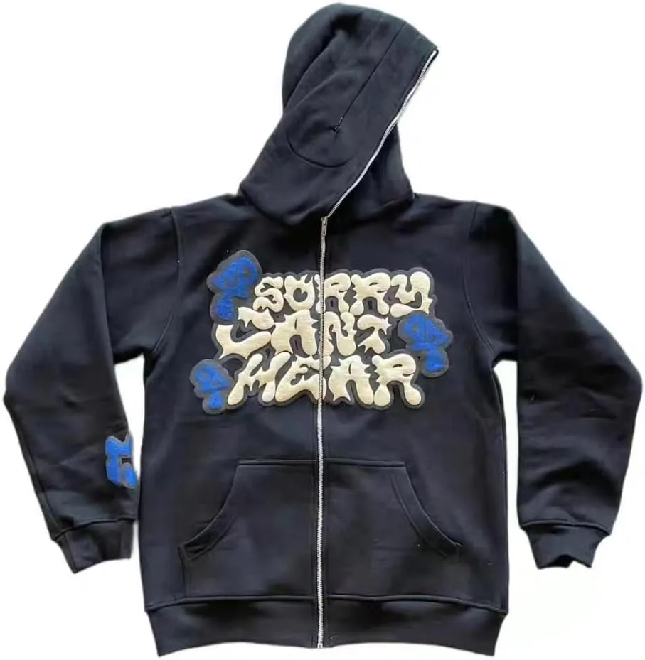 Harajuku Hoodies Letter Foaming Print Hooded Sweatshirt Punk Full Zipper Jacket Y2k Oversized Hoodies Garbage Coat