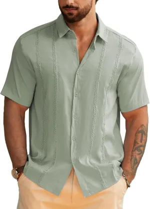 Hardaddy Men's Cuban Guayabera Embroidery Vacation Shirt Button Down Summer Beach Shirt Short Sleeve