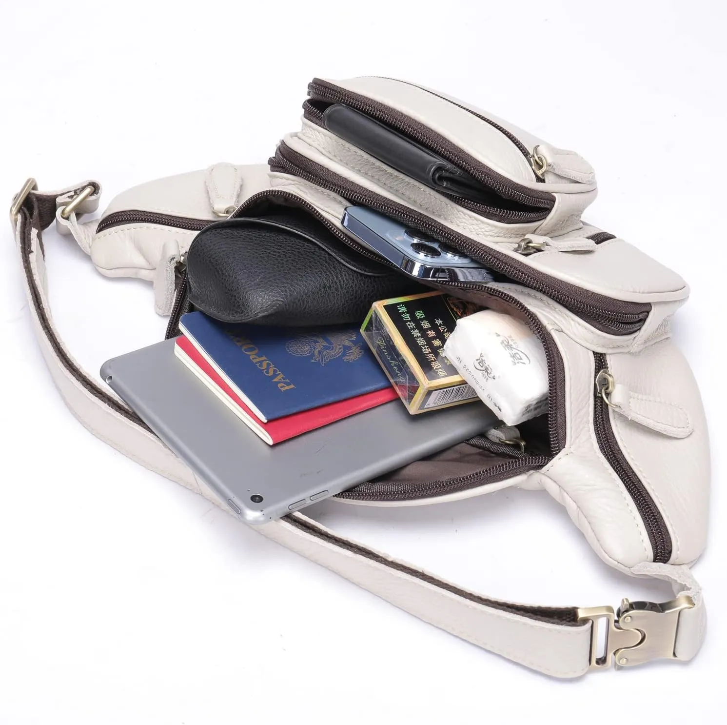 Hebetag Hiking Waist Pack Leather Fanny Bag for Men Women Outdoor Travel Hiking Camping High Capacity Hip Bum Belt Purse Sling Crossbody Casual Pouch (White)