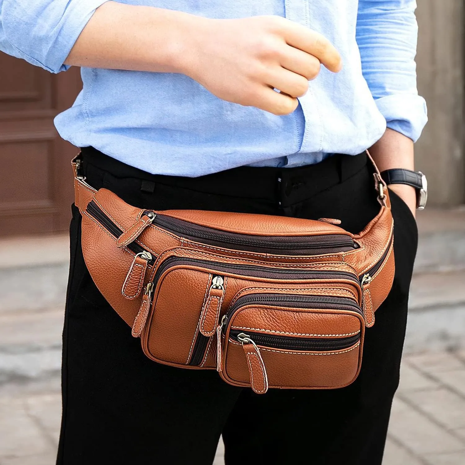 Hebetag Hiking Waist Pack Leather Fanny Bag for Men Women Outdoor Travel Hiking Camping High Capacity Hip Bum Belt Purse Sling Crossbody Casual Pouch (White)