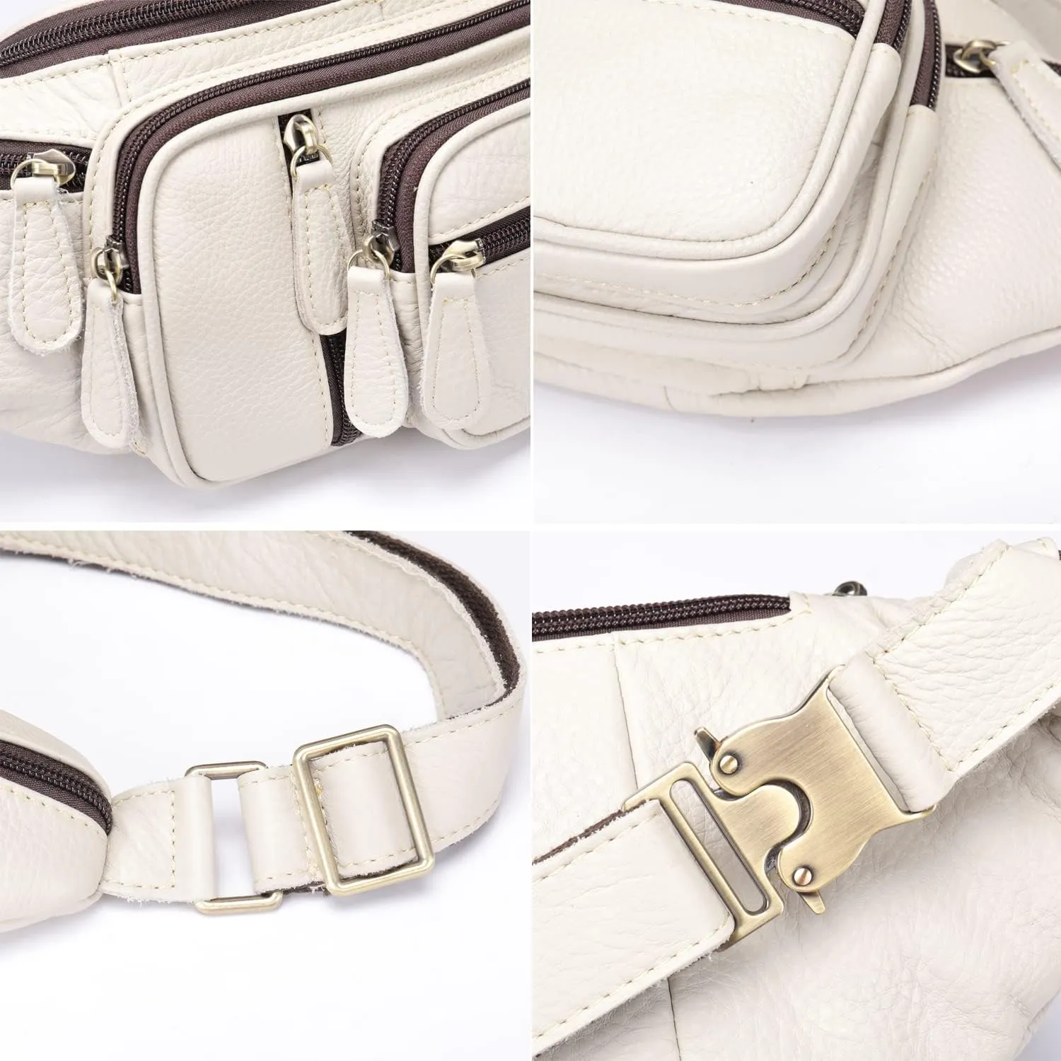 Hebetag Hiking Waist Pack Leather Fanny Bag for Men Women Outdoor Travel Hiking Camping High Capacity Hip Bum Belt Purse Sling Crossbody Casual Pouch (White)