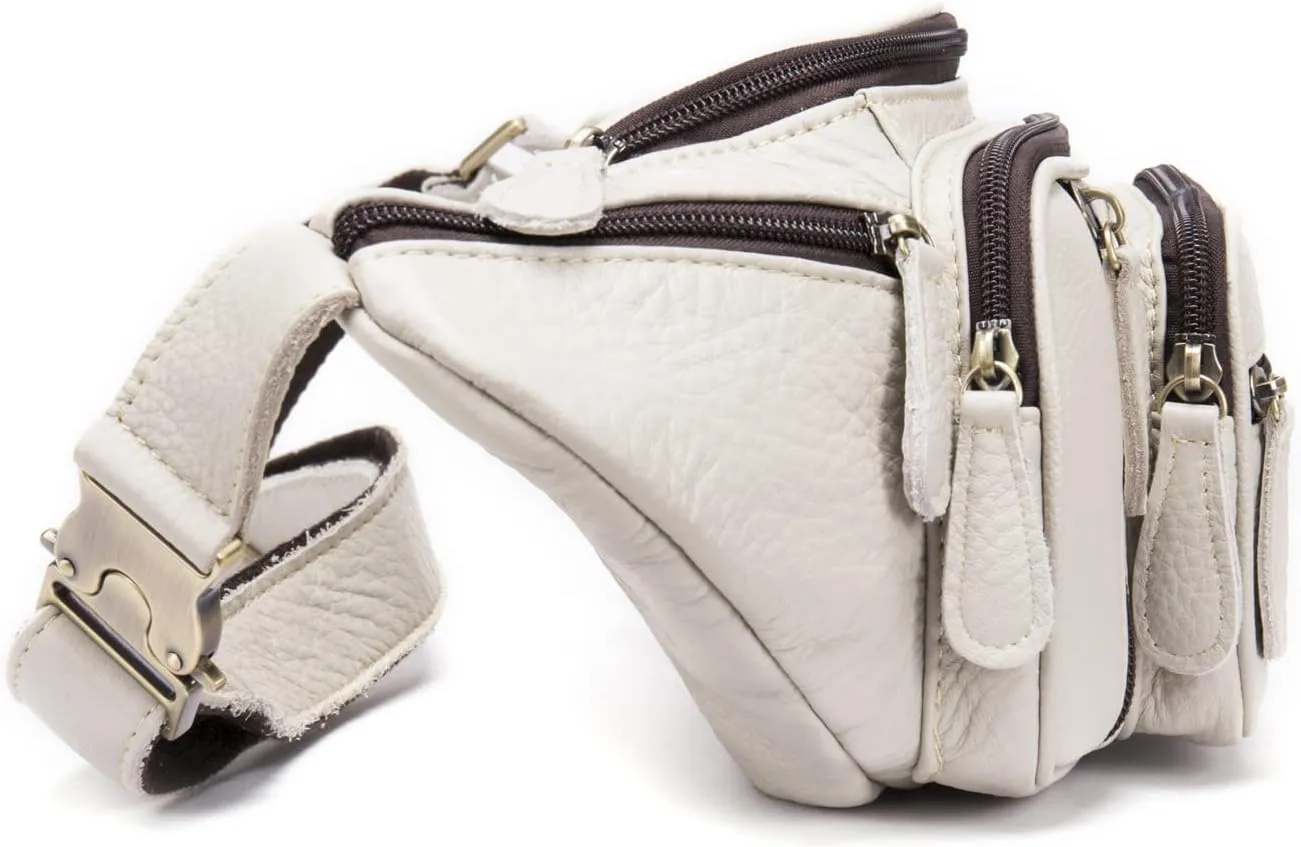 Hebetag Hiking Waist Pack Leather Fanny Bag for Men Women Outdoor Travel Hiking Camping High Capacity Hip Bum Belt Purse Sling Crossbody Casual Pouch (White)