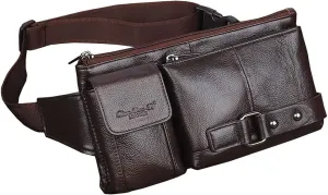 Hebetag Leather Waist Bag Fanny Pack for Men Hip Bum Belt Waist Purse Travel Hiking Walking Cell Phone Pouch Sling Chest Daypack, Coffee