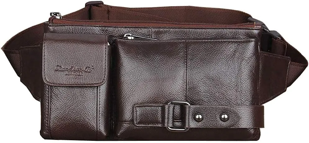 Hebetag Leather Waist Bag Fanny Pack for Men Hip Bum Belt Waist Purse Travel Hiking Walking Cell Phone Pouch Sling Chest Daypack, Coffee