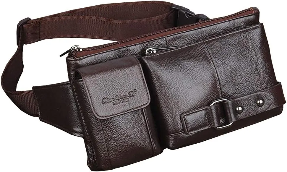 Hebetag Leather Waist Bag Fanny Pack for Men Hip Bum Belt Waist Purse Travel Hiking Walking Cell Phone Pouch Sling Chest Daypack, Coffee