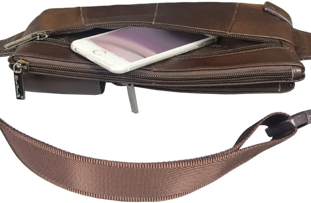 Hebetag Leather Waist Bag Fanny Pack for Men Hip Bum Belt Waist Purse Travel Hiking Walking Cell Phone Pouch Sling Chest Daypack, Coffee