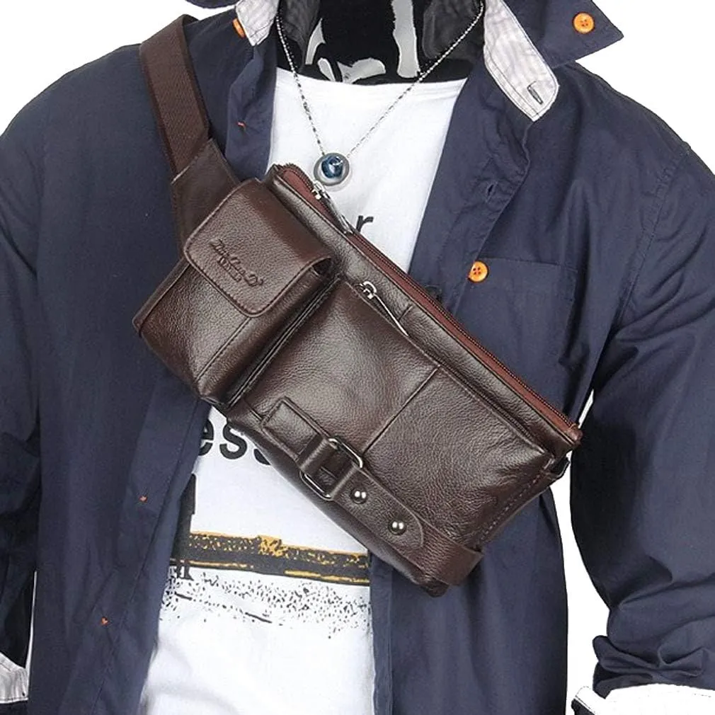 Hebetag Leather Waist Bag Fanny Pack for Men Hip Bum Belt Waist Purse Travel Hiking Walking Cell Phone Pouch Sling Chest Daypack, Coffee