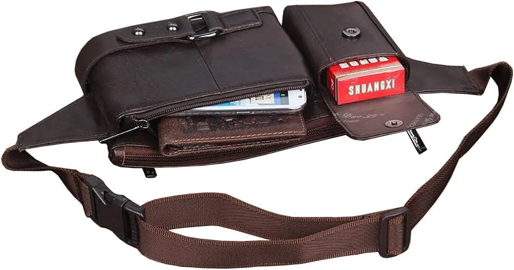 Hebetag Leather Waist Bag Fanny Pack for Men Hip Bum Belt Waist Purse Travel Hiking Walking Cell Phone Pouch Sling Chest Daypack, Coffee