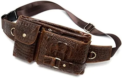 Hebetag Leather Waist Bag Fanny Pack for Men Women Travel Outdoor Hunting Hiking Climbing Multi-Purpose Hip Bum Belt Slim Cell Phone Purse Wallet Pouch, Deep Brown
