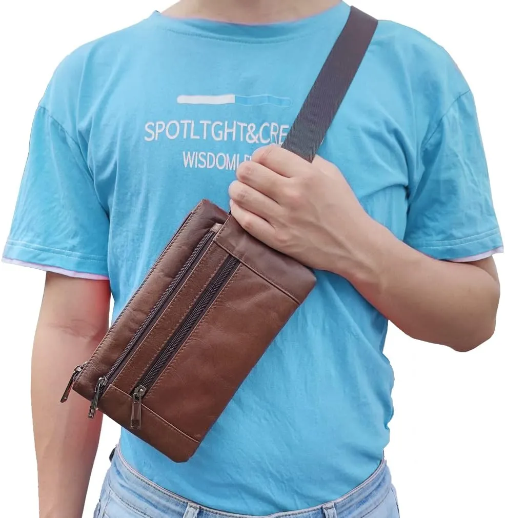 Hebetag Leather Waist Pack Fanny Bag for Men Women Running Travel Hiking Hip Bum Belt Slim Cell Phone Purse Wallet Vintage Retro Crossbody Sling Pouch (Brown)