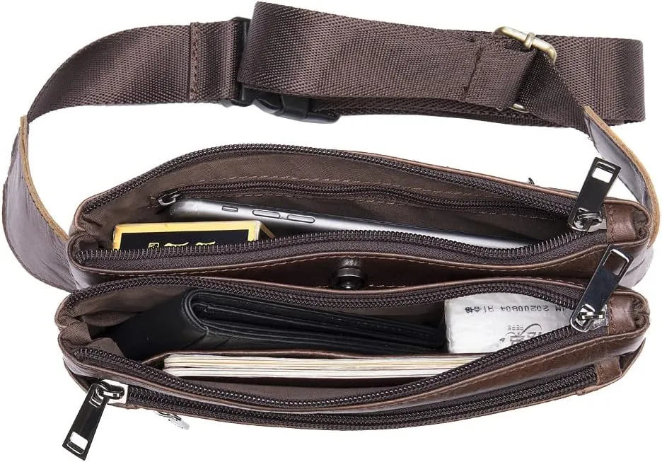 Hebetag Leather Waist Pack Fanny Bag for Men Women Running Travel Hiking Hip Bum Belt Slim Cell Phone Purse Wallet Vintage Retro Crossbody Sling Pouch (Brown)