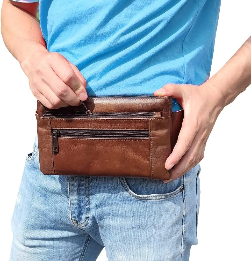 Hebetag Leather Waist Pack Fanny Bag for Men Women Running Travel Hiking Hip Bum Belt Slim Cell Phone Purse Wallet Vintage Retro Crossbody Sling Pouch (Brown)