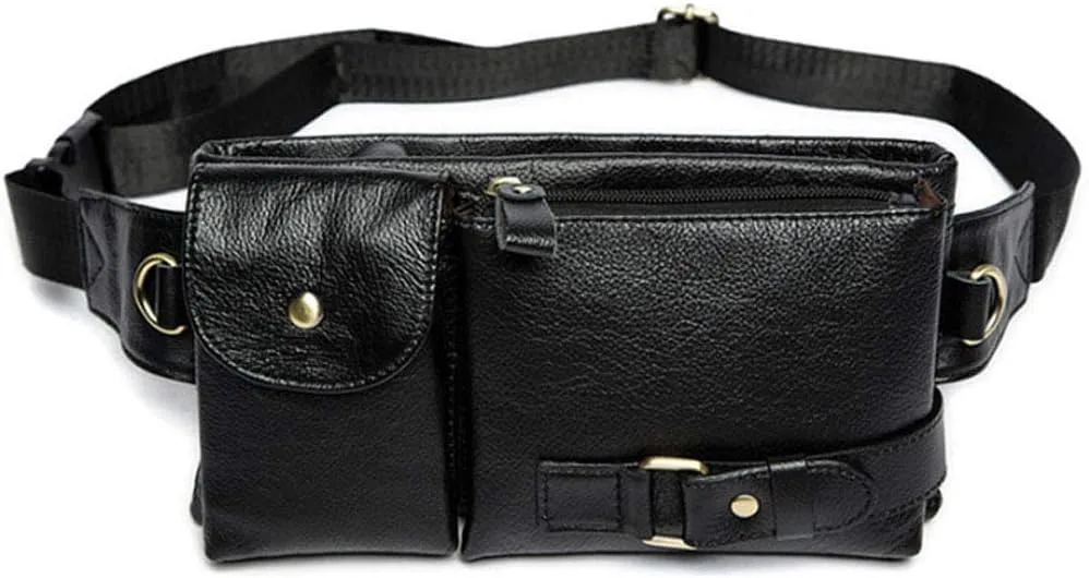 Hebetag Vintage Leather Waist Bag Fanny Pack for Men Women Travel Hunting Hiking Climbing Multi-Purpose Hip Bum Belt Slim Cell Phone Purse Wallet Casual Pouch, Black