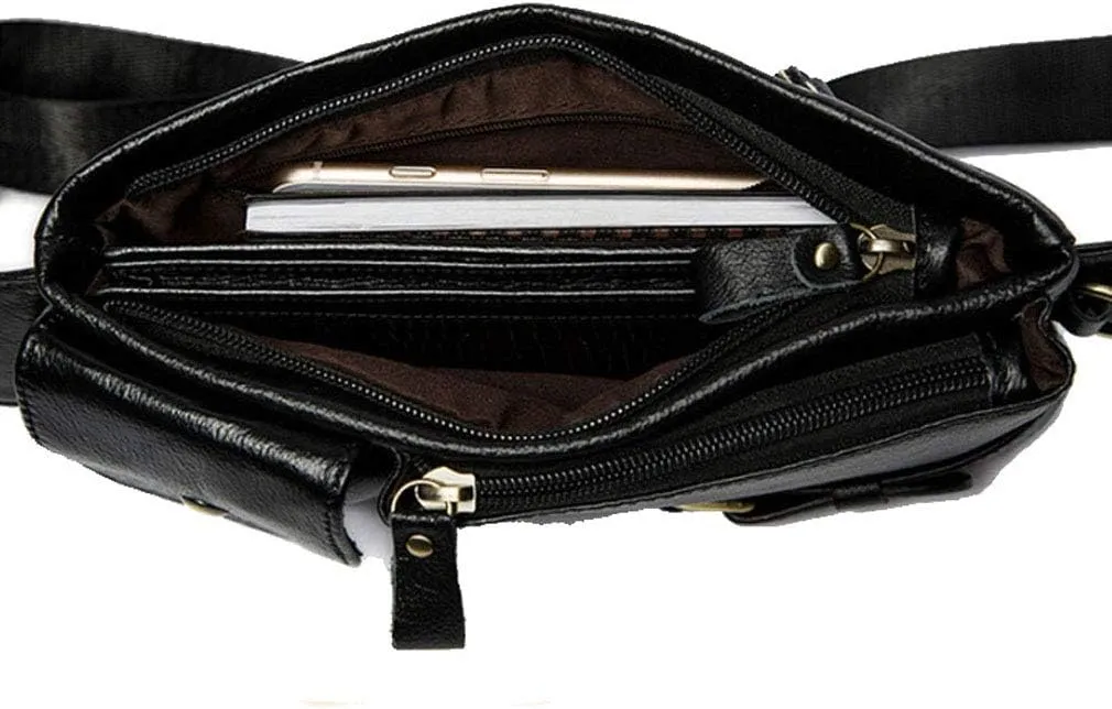 Hebetag Vintage Leather Waist Bag Fanny Pack for Men Women Travel Hunting Hiking Climbing Multi-Purpose Hip Bum Belt Slim Cell Phone Purse Wallet Casual Pouch, Black