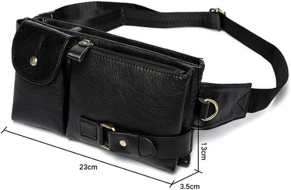 Hebetag Vintage Leather Waist Bag Fanny Pack for Men Women Travel Hunting Hiking Climbing Multi-Purpose Hip Bum Belt Slim Cell Phone Purse Wallet Casual Pouch, Black