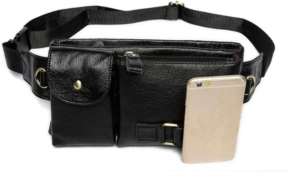 Hebetag Vintage Leather Waist Bag Fanny Pack for Men Women Travel Hunting Hiking Climbing Multi-Purpose Hip Bum Belt Slim Cell Phone Purse Wallet Casual Pouch, Black