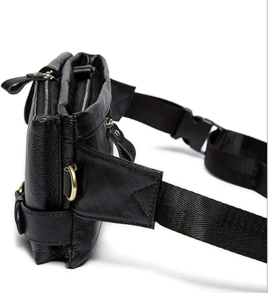 Hebetag Vintage Leather Waist Bag Fanny Pack for Men Women Travel Hunting Hiking Climbing Multi-Purpose Hip Bum Belt Slim Cell Phone Purse Wallet Casual Pouch, Black