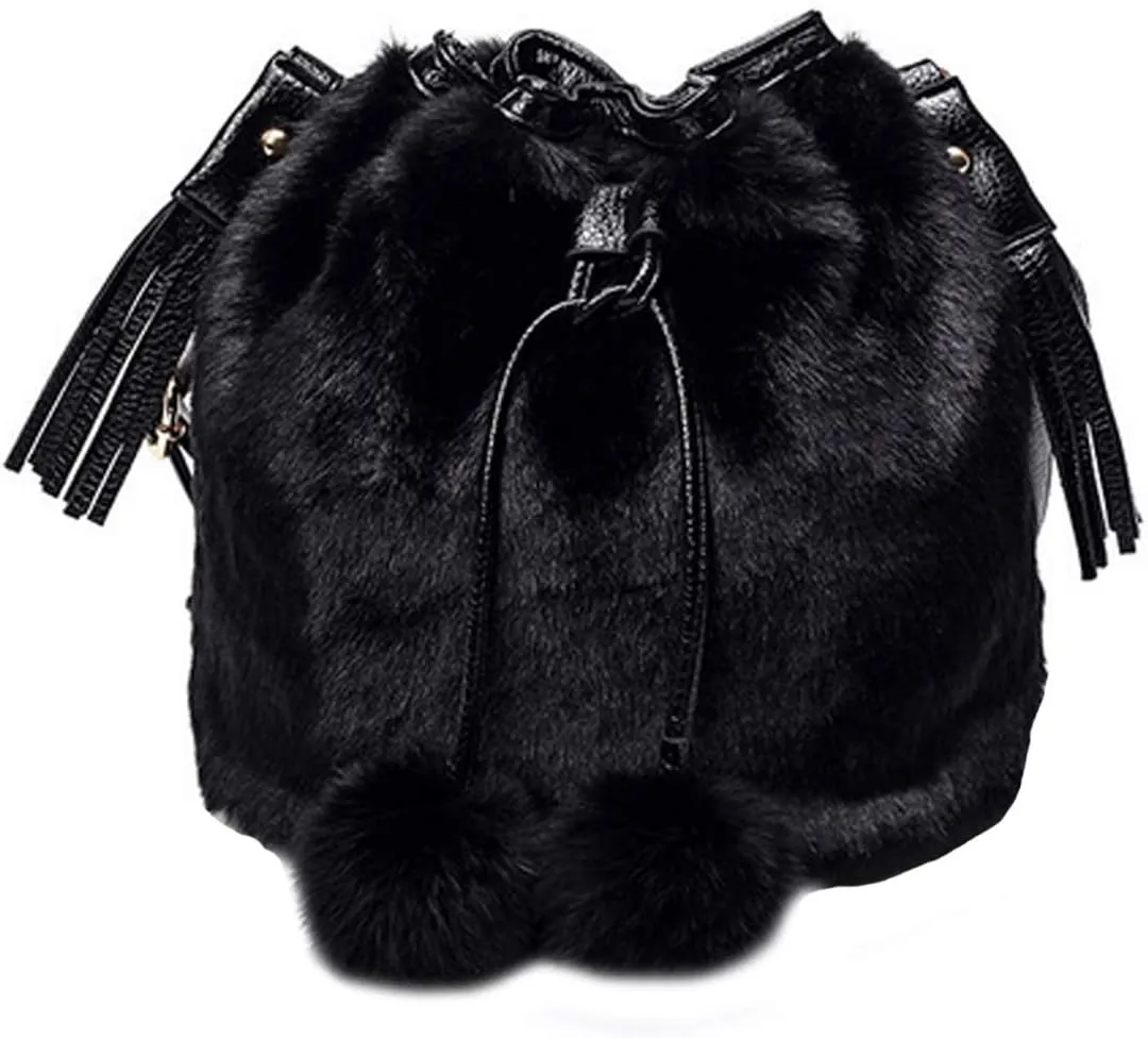 Heidi Women Faux Fur Winter Fashion Shoulder Bag Barrel Shape Drawstring Satchel Purse