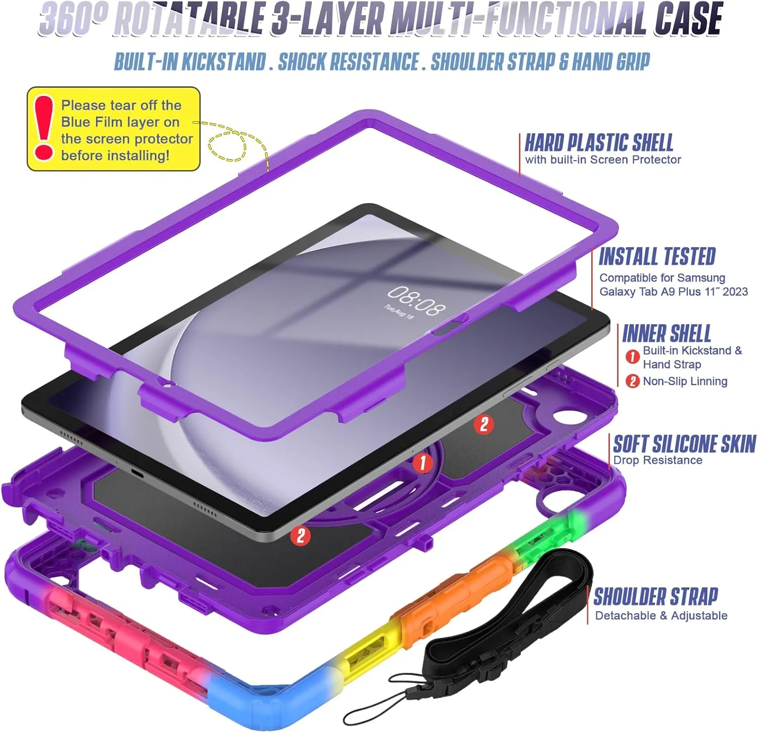 Herize Case for Tab A9 Plus 11 Inch with Screen Protector | SM-X210/X215/X216 Case for Kids Girls | Shockproof Rugged Protective Cover with Stand Hand Grip Shoulder Strap for Samsung Galaxy Tab A9 