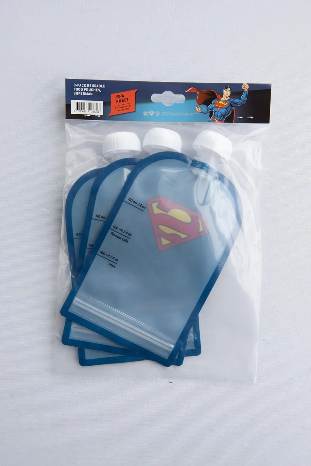 Herobility DC Comic Food Pouch 180 ml / 6 Fl Oz - Squeeze Pouches for Baby, Reusable, Sustainable, Leak-Proof Design, Double Zip-Lock, BPA-Free - Pack of 3