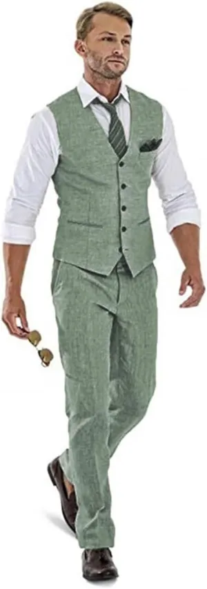 High-End Suits Casual Linen Beige Men's 2 Piece Suits Wedding Suits Slim Fit Groomsmen Tuxedos Summer Linen Vest Pant