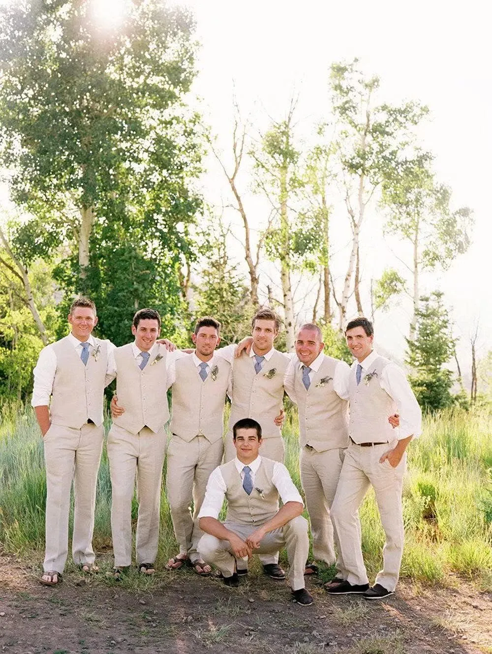 High-End Suits Casual Linen Beige Men's 2 Piece Suits Wedding Suits Slim Fit Groomsmen Tuxedos Summer Linen Vest Pant