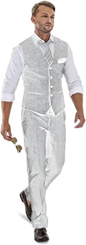 High-End Suits Casual Linen Beige Men's 2 Piece Suits Wedding Suits Slim Fit Groomsmen Tuxedos Summer Linen Vest Pant