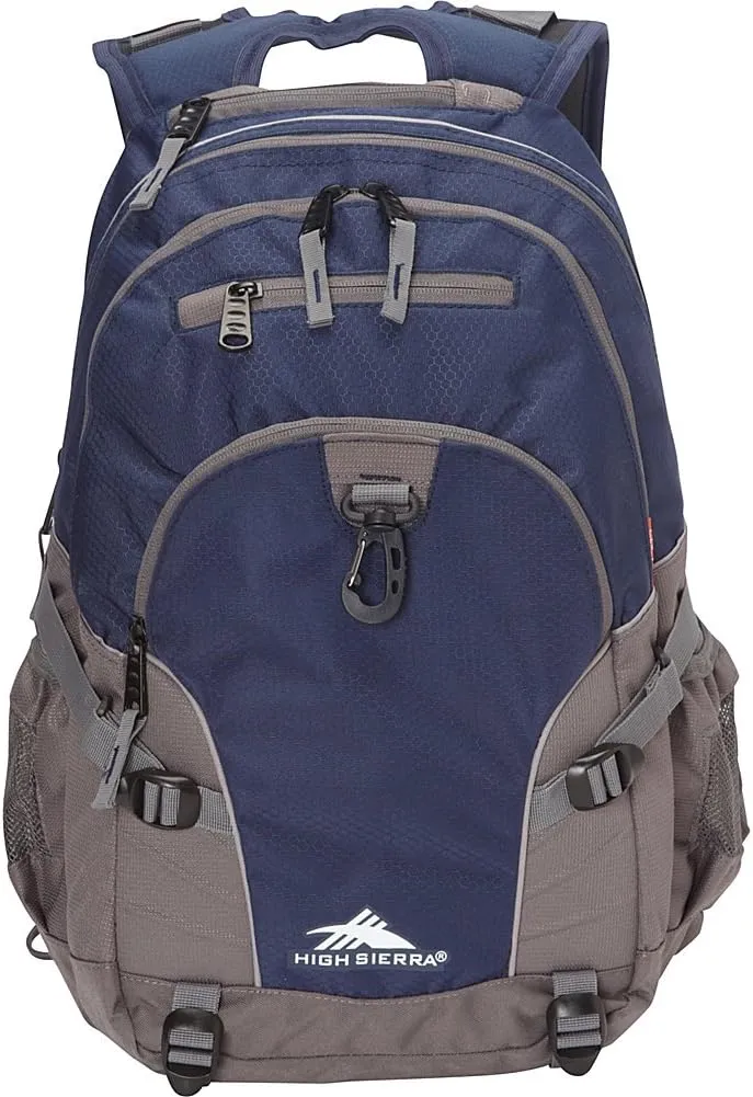 High Sierra Loop Backpack, Travel, or Work Bookbag with tablet sleeve, One Size, Sequin Facets/Bluebird/White